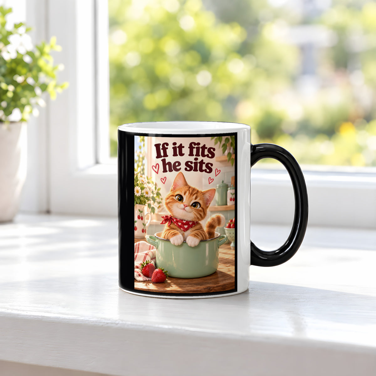 Topfbesetzer – Katzentasse mit Spruch. Spruch: If it fits he sits Beidseitige Motivansicht. 3 FENSTER HEISS. Zaubertasse: Wärmeeffekt.