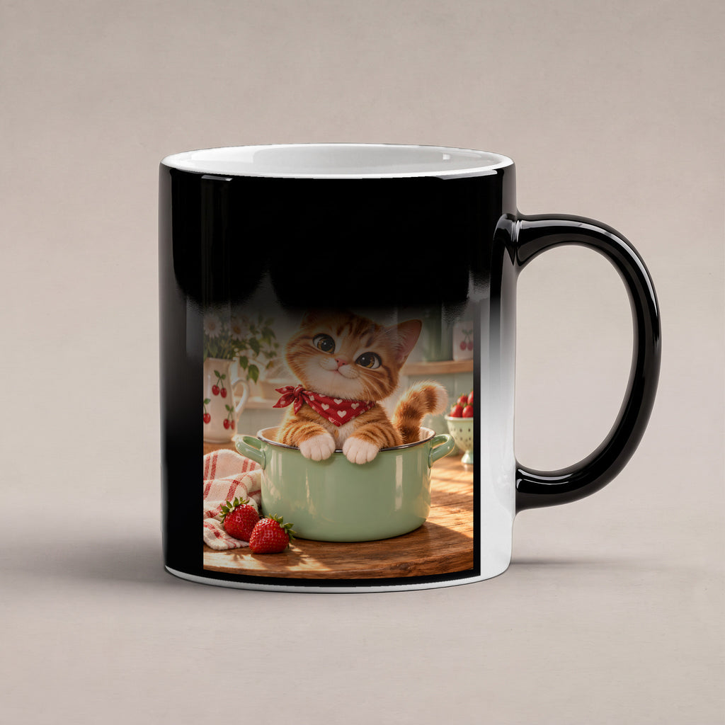 Topfbesetzer – Katzentasse mit Spruch. Spruch: If it fits he sits Beidseitige Motivansicht. 6 WAERMEEFFEKT. Zaubertasse: Wärmeeffekt.