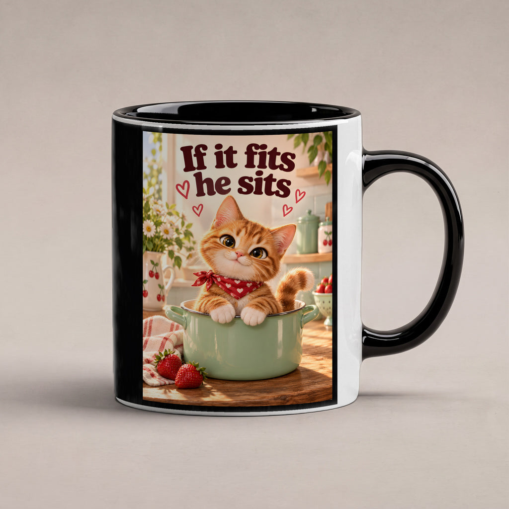 Topfbesetzer – Katzentasse mit Spruch. Spruch: If it fits he sits Beidseitige Motivansicht. 1 STUDIO. Innen schwarz.