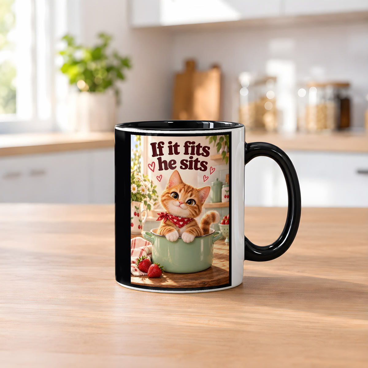 Topfbesetzer – Katzentasse mit Spruch. Spruch: If it fits he sits Beidseitige Motivansicht. 2 KUECHE. Innen schwarz.