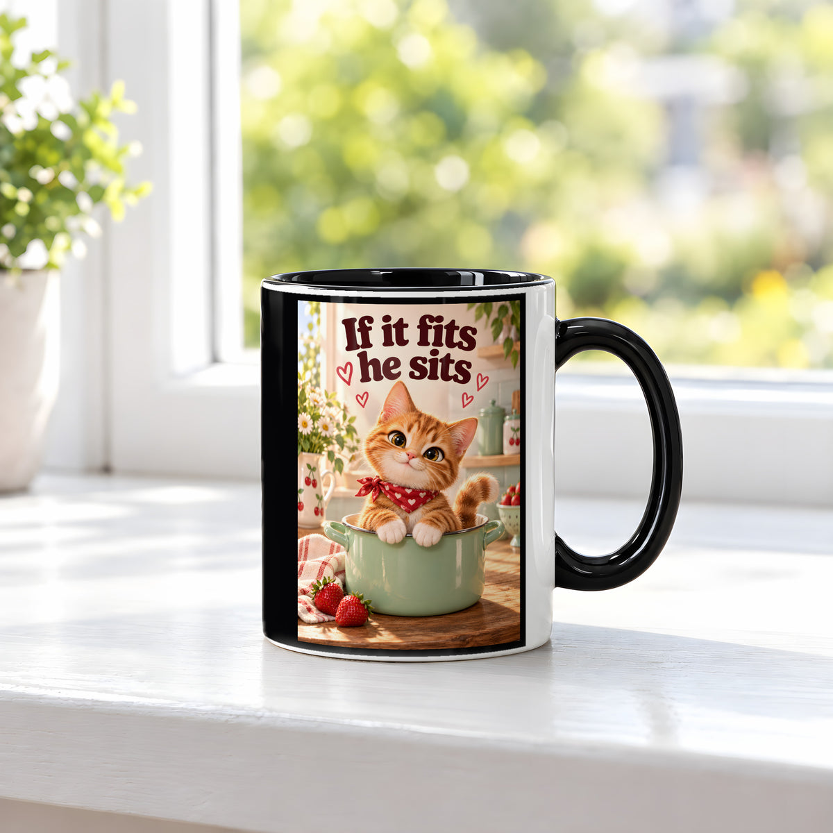 Topfbesetzer – Katzentasse mit Spruch. Spruch: If it fits he sits Beidseitige Motivansicht. 3 FENSTER. Innen schwarz.