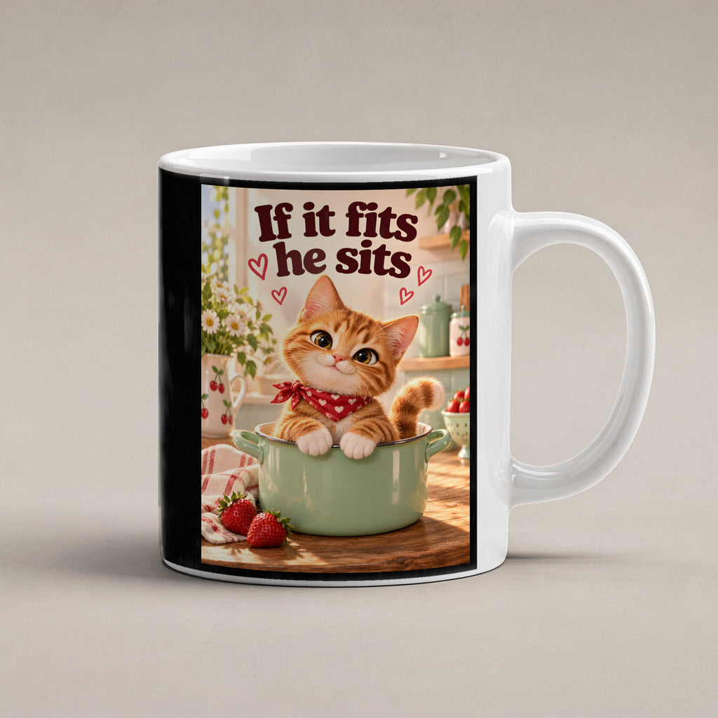 Topfbesetzer – Katzentasse mit Spruch. Spruch: If it fits he sits Beidseitige Motivansicht. 1 STUDIO. Weiß.