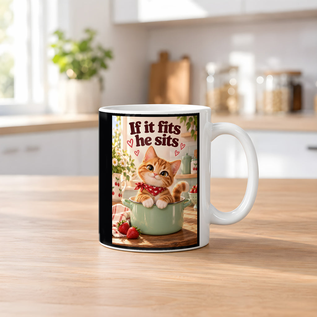 Topfbesetzer – Katzentasse mit Spruch. Spruch: If it fits he sits Beidseitige Motivansicht. 2 KUECHE. Weiß.