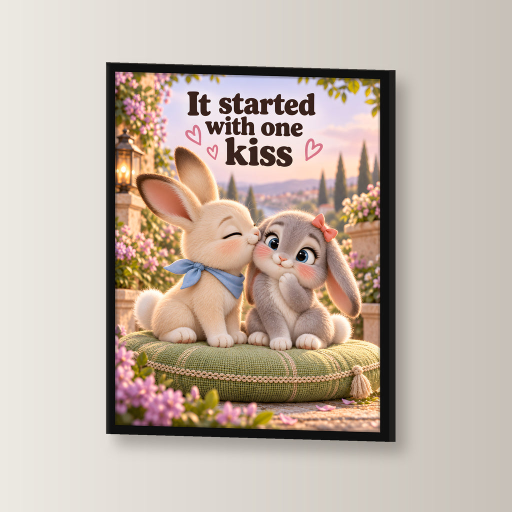 Kleiner Hasenmut – Gerahmtes Hasenbild. Spruch: It started with one kiss Schwarzer Rahmen ohne Passepartout. 2 WINKEL. 30×40 cm.