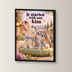 Kleiner Hasenmut – Gerahmtes Hasenbild. Spruch: It started with one kiss Schwarzer Rahmen ohne Passepartout. 2 WINKEL. 30×40 cm.
