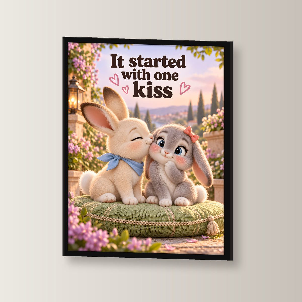 Kleiner Hasenmut – Gerahmtes Hasenbild. Spruch: It started with one kiss Schwarzer Rahmen ohne Passepartout. 2 WINKEL. 30×40 cm.
