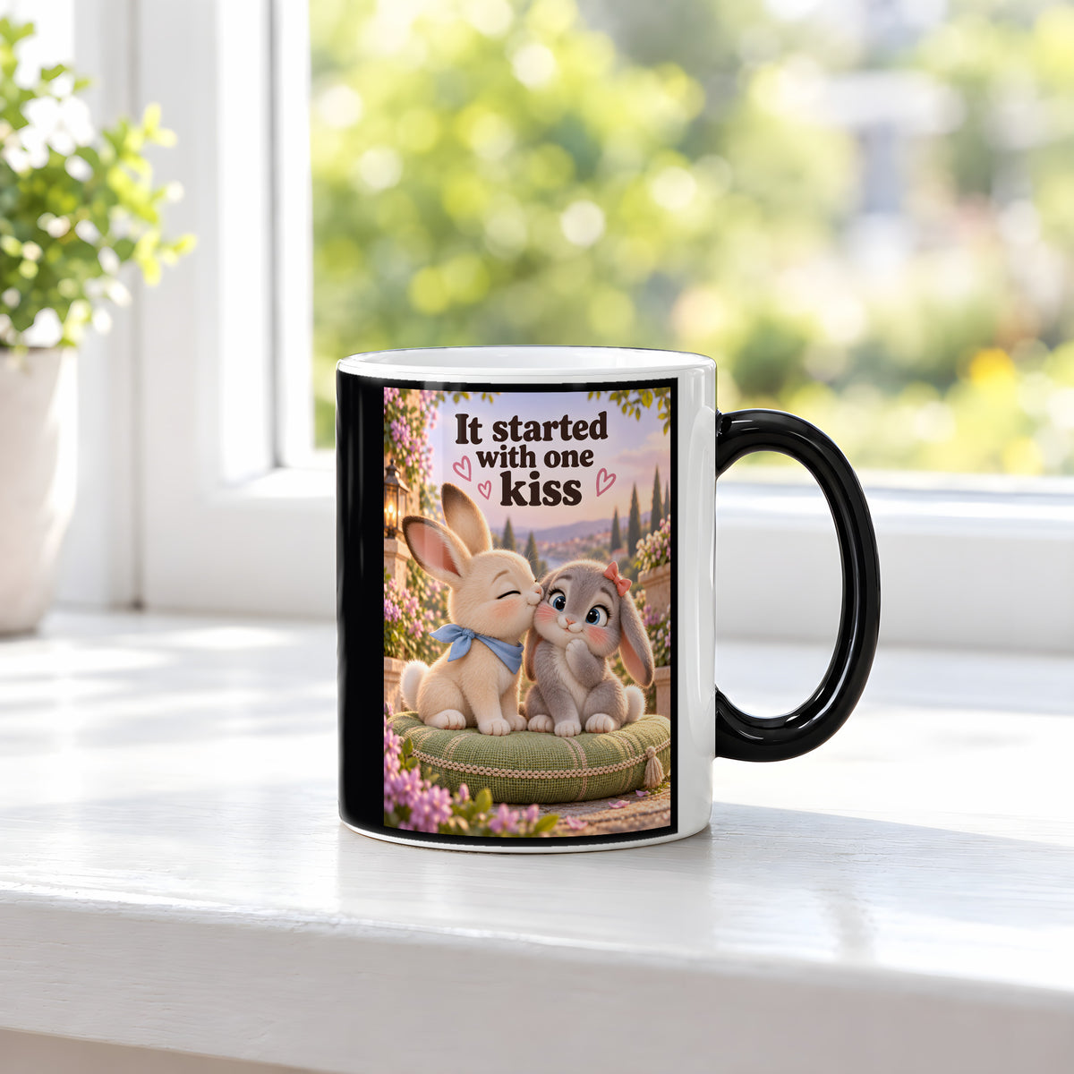 Kleiner Hasenmut – Hasentasse mit Spruch. Spruch: It started with one kiss Beidseitige Motivansicht. 3 FENSTER HEISS. Zaubertasse: Wärmeeffekt.
