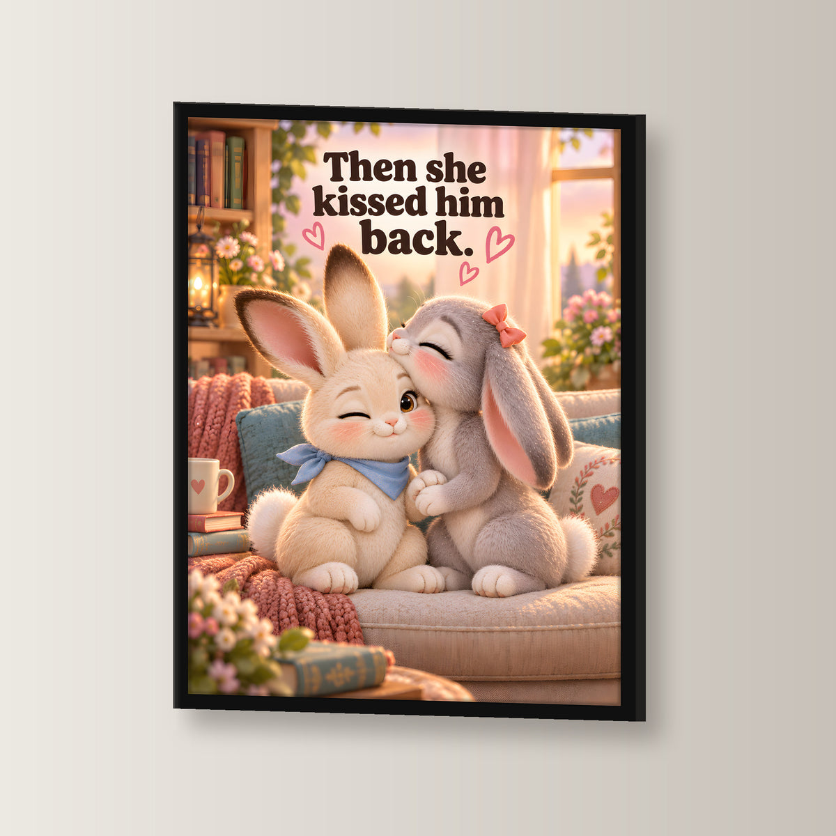 Nasenkuss zurück – Gerahmtes Hasenbild. Spruch: Then she kissed him back. Schwarzer Rahmen ohne Passepartout. 2 WINKEL. 30×40 cm.