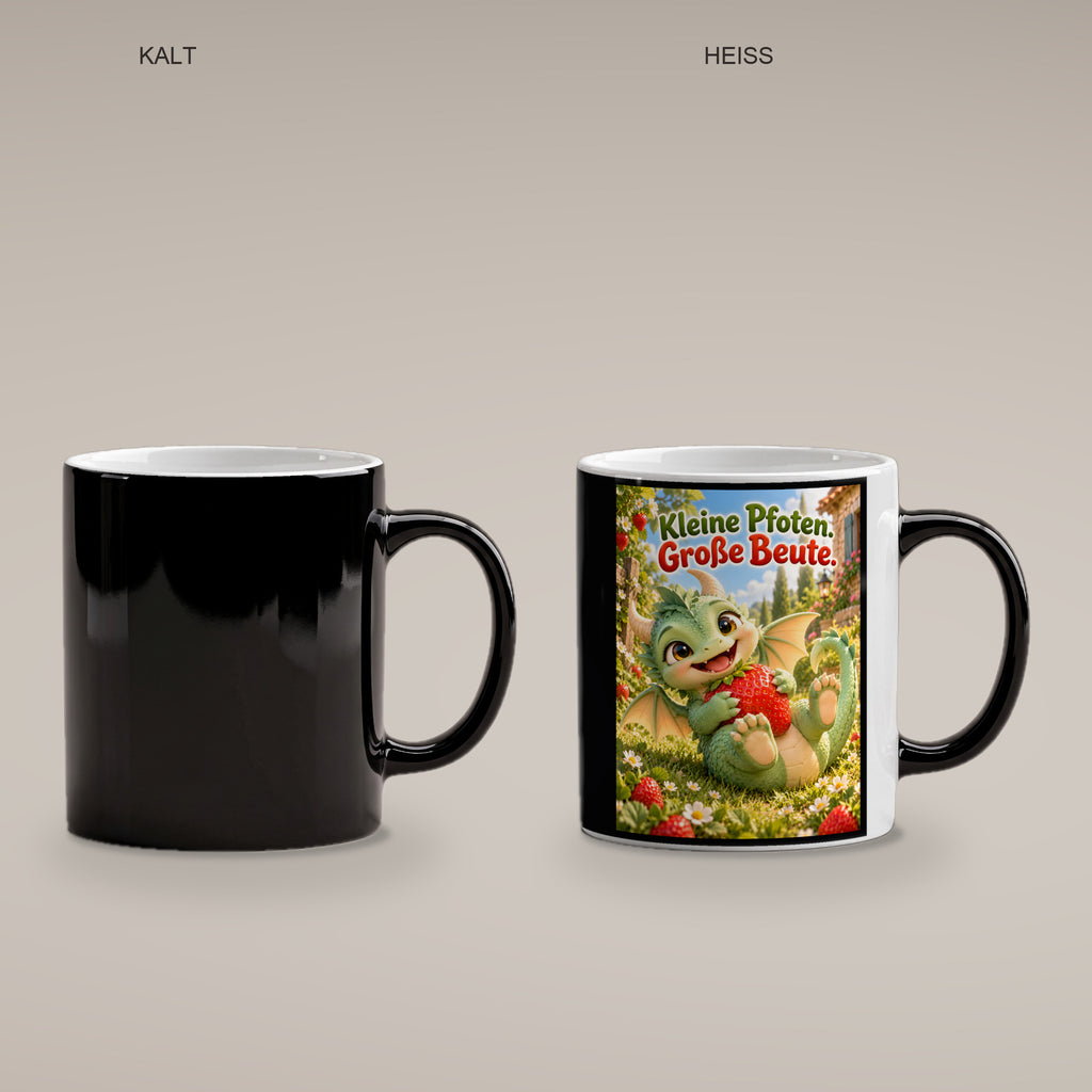 Erdbeerwächter – Drachen-Tasse. Spruch: Kleine Pfoten. Große Beute. Black Edition mit Wärmeeffekt. 4 KALT HEISS.