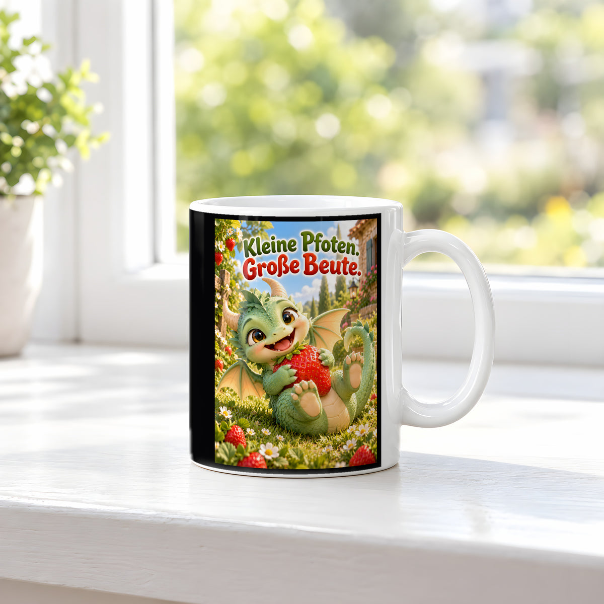 Erdbeerwächter – Drachen-Tasse. Spruch: Kleine Pfoten. Große Beute. Weiß. 3 FENSTER.