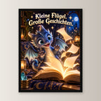 Kleiner Bücherdrache – Drachen-Wandbild mit Rahmen. Spruch: Kleine Flügel. Große Geschichten. 30×40 cm. Schwarzer Holzrahmen ohne Passepartout. 1 FRONTAL
