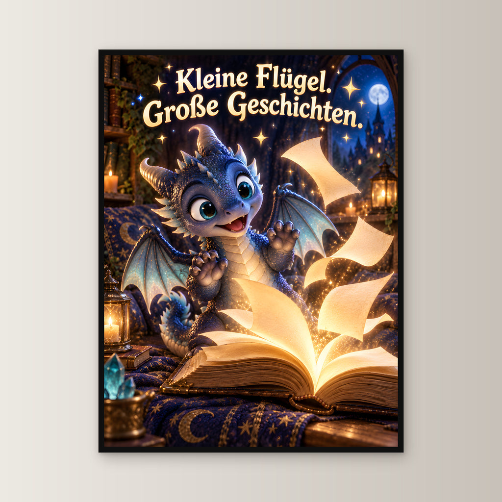 Kleiner Bücherdrache – Drachen-Wandbild mit Rahmen. Spruch: Kleine Flügel. Große Geschichten. 60×80 cm. Schwarzer Holzrahmen ohne Passepartout. 1 FRONTAL