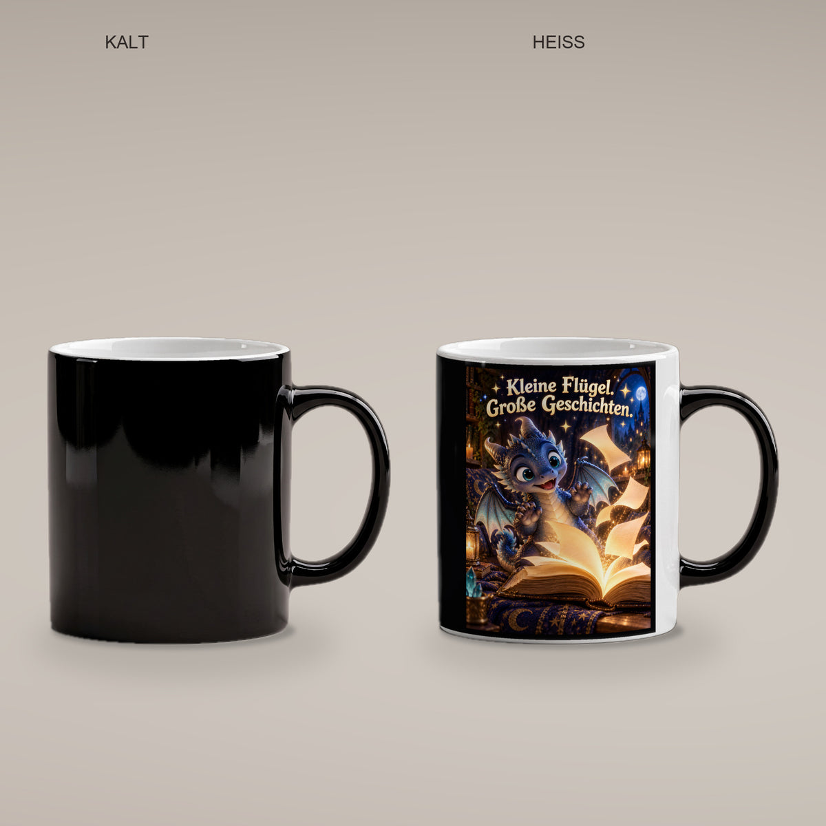 Kleiner Bücherdrache – Drachen-Tasse. Spruch: Kleine Flügel. Große Geschichten. Black Edition mit Wärmeeffekt. 4 KALT HEISS.