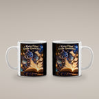 Kleiner Bücherdrache – Drachen-Tasse. Spruch: Kleine Flügel. Große Geschichten. Weiß. 4 BEIDE SEITEN.