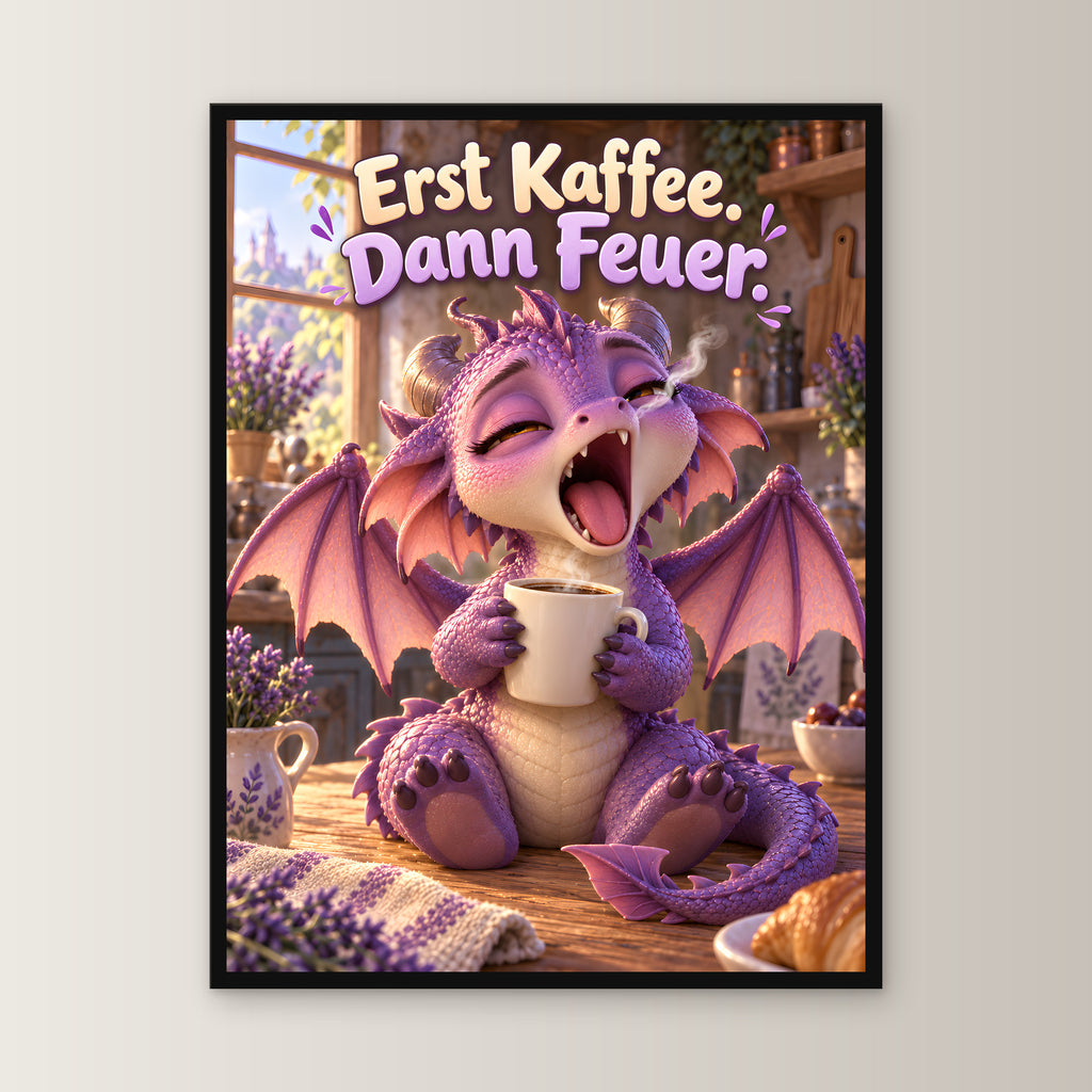Morgenmuffel – Drachen-Wandbild mit Rahmen. Spruch: Erst Kaffee. Dann Feuer. 45×60 cm. Schwarzer Holzrahmen ohne Passepartout. 1 FRONTAL