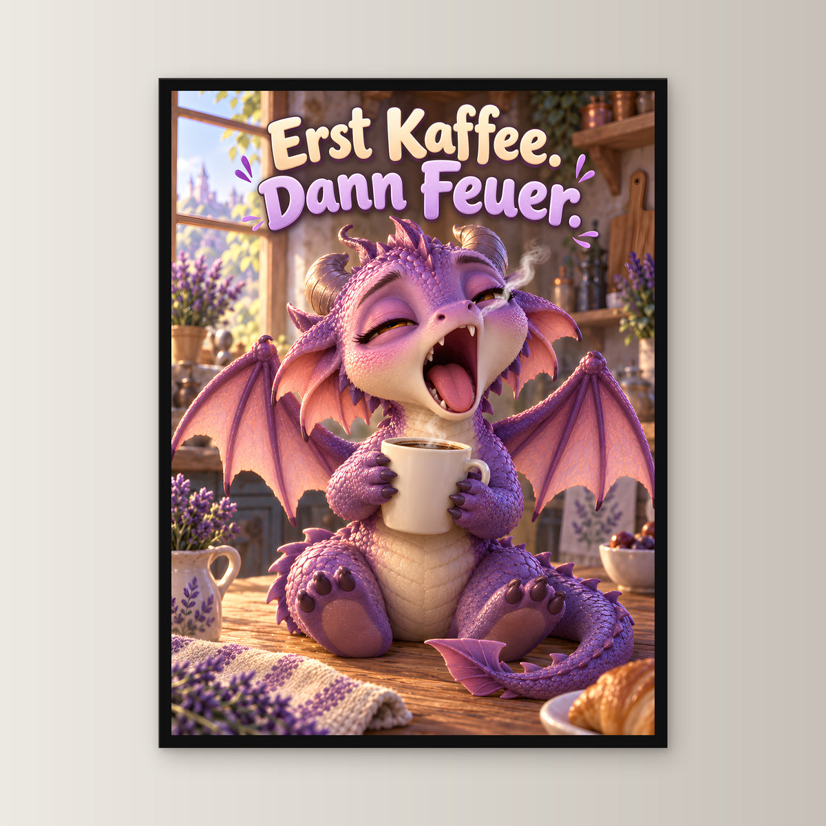 Morgenmuffel – Drachen-Wandbild mit Rahmen. Spruch: Erst Kaffee. Dann Feuer. 45×60 cm. Schwarzer Holzrahmen ohne Passepartout. 1 FRONTAL