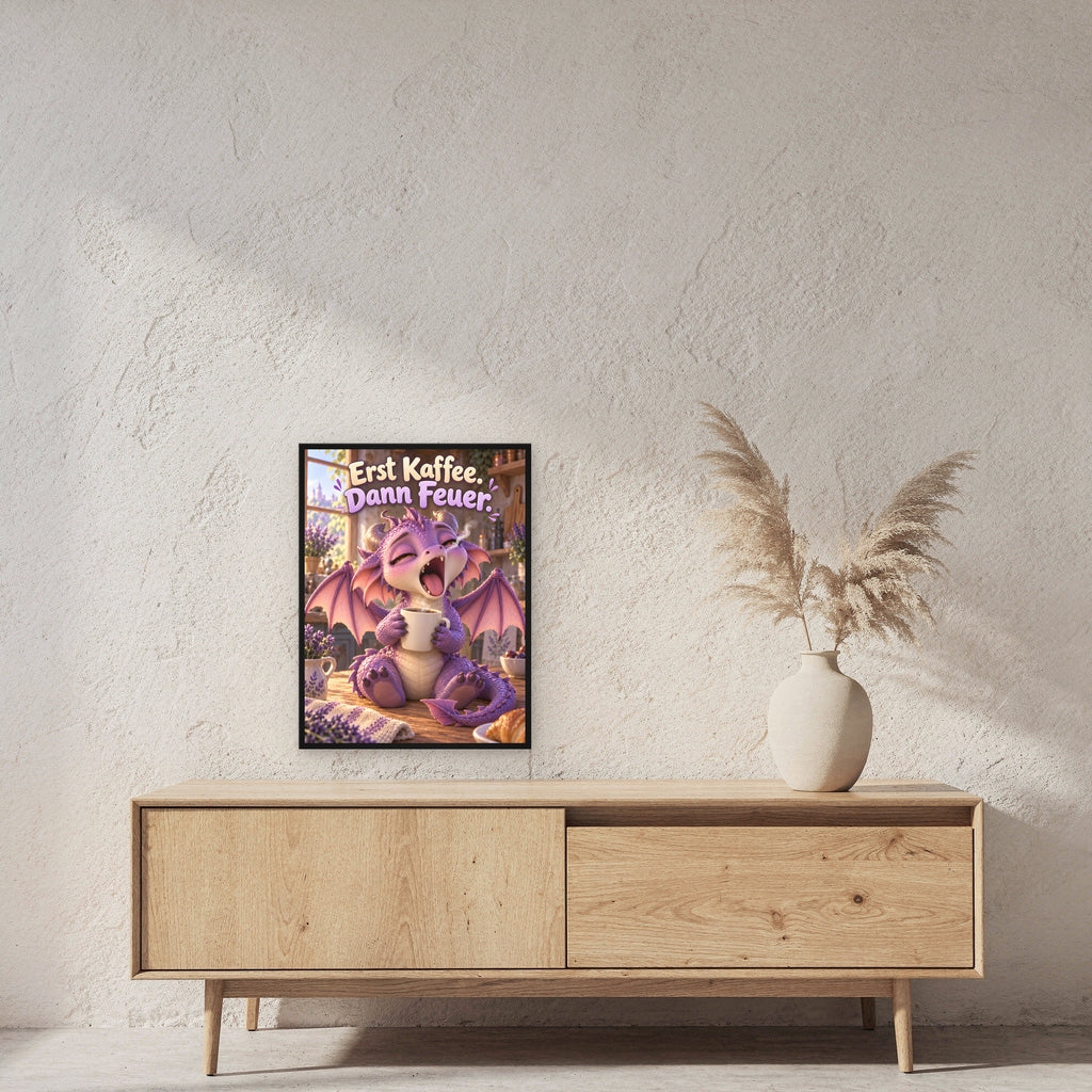 Morgenmuffel – Drachen-Wandbild mit Rahmen. Spruch: Erst Kaffee. Dann Feuer. 45×60 cm. Schwarzer Holzrahmen ohne Passepartout. 2 RAUM 45x60cm
