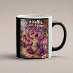 Morgenmuffel – Drachen-Tasse. Spruch: Erst Kaffee. Dann Feuer. Black Edition mit Wärmeeffekt. 1 STUDIO HEISS.