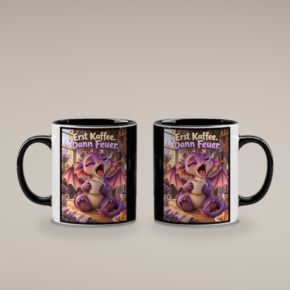 Morgenmuffel – Drachen-Tasse. Spruch: Erst Kaffee. Dann Feuer. Innen schwarz. 4 BEIDE SEITEN.