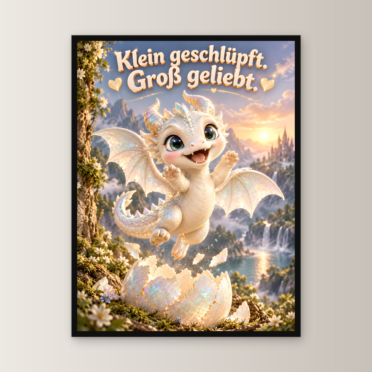 Erstes Funkeln – Drachen-Wandbild mit Rahmen. Spruch: Klein geschlüpft. Groß geliebt. 45×60 cm. Schwarzer Holzrahmen ohne Passepartout. 1 FRONTAL