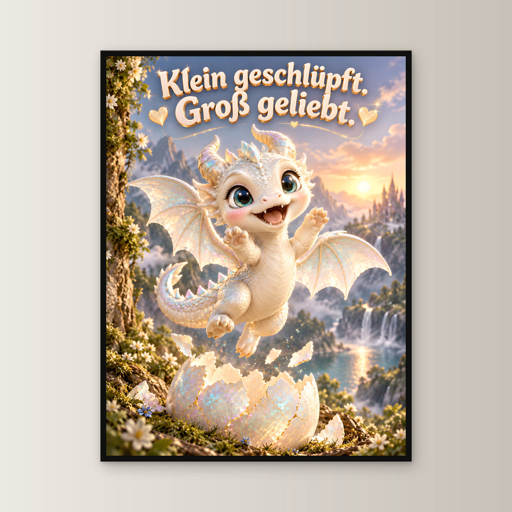 Erstes Funkeln – Drachen-Wandbild mit Rahmen. Spruch: Klein geschlüpft. Groß geliebt. 60×80 cm. Schwarzer Holzrahmen ohne Passepartout. 1 FRONTAL