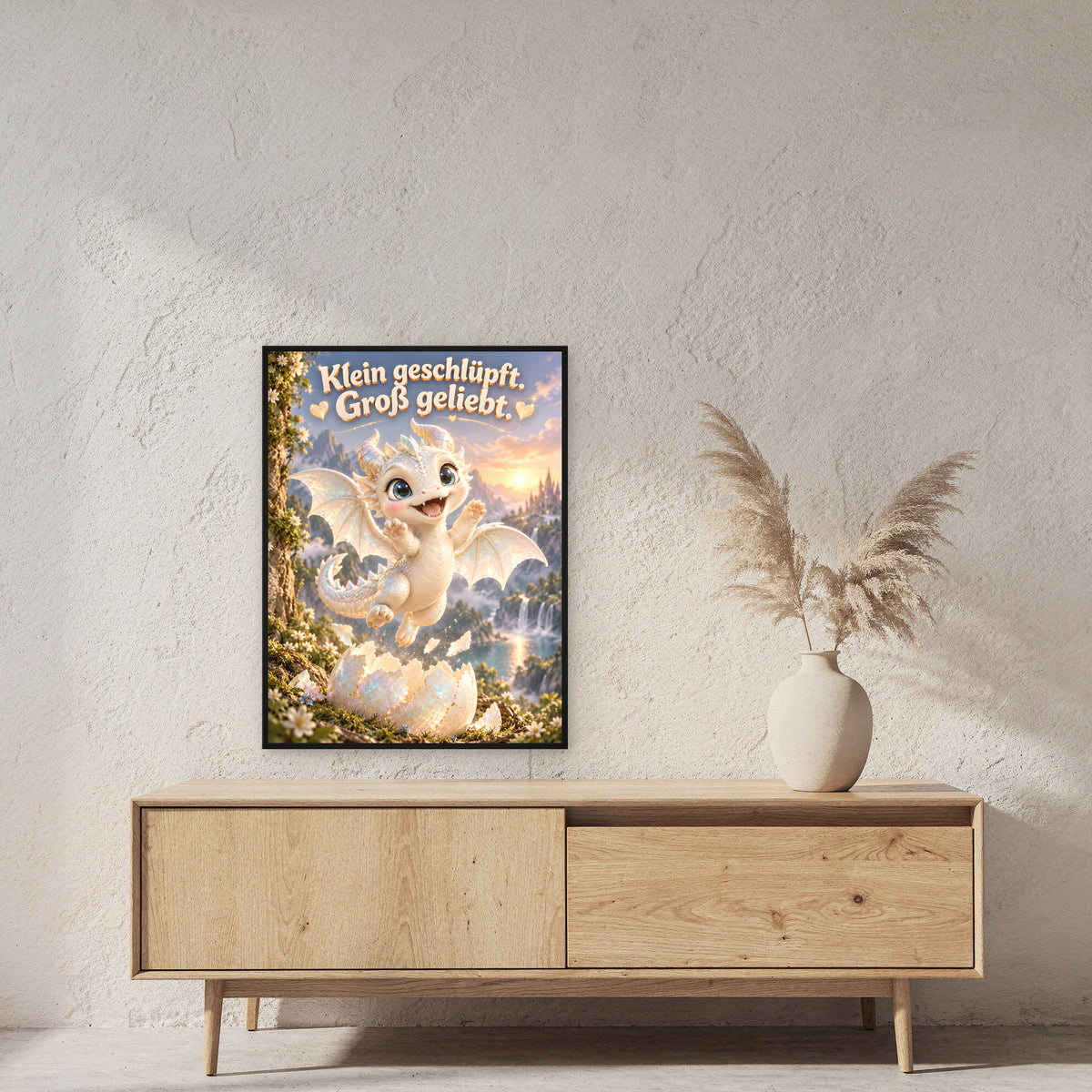 Erstes Funkeln – Drachen-Wandbild mit Rahmen. Spruch: Klein geschlüpft. Groß geliebt. 60×80 cm. Schwarzer Holzrahmen ohne Passepartout. 2 RAUM 60x80cm