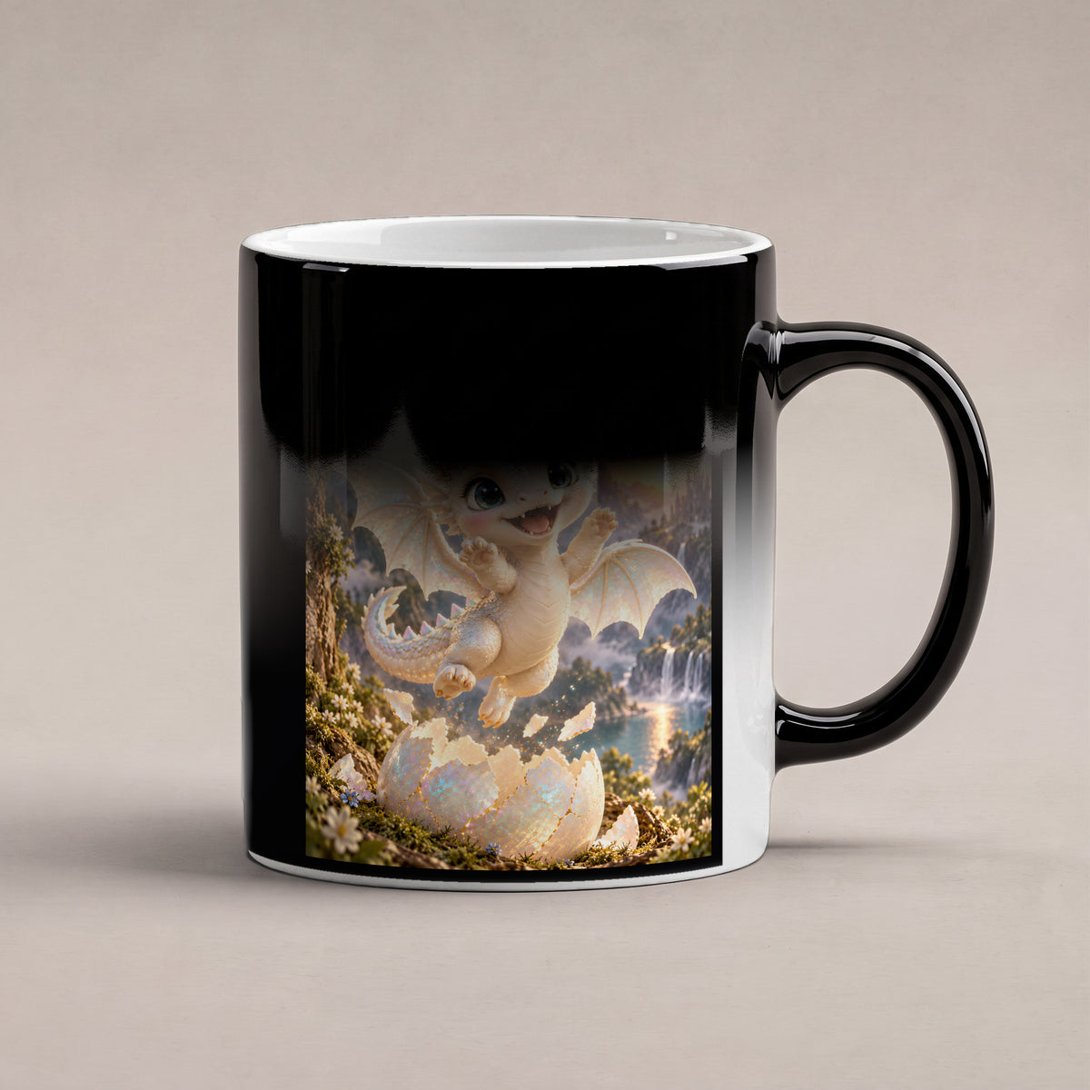 Erstes Funkeln – Drachen-Tasse. Spruch: Klein geschlüpft. Groß geliebt. Black Edition mit Wärmeeffekt. 6 WAERMEEFFEKT.