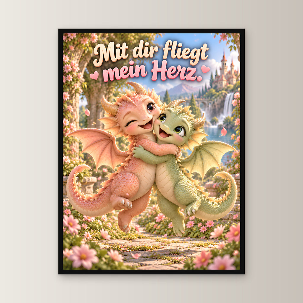 Drachenliebe – Drachen-Wandbild mit Rahmen. Spruch: Mit dir fliegt mein Herz. 45×60 cm. Schwarzer Holzrahmen ohne Passepartout. 1 FRONTAL