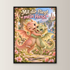 Drachenliebe – Drachen-Wandbild mit Rahmen. Spruch: Mit dir fliegt mein Herz. 45×60 cm. Schwarzer Holzrahmen ohne Passepartout. 1 FRONTAL