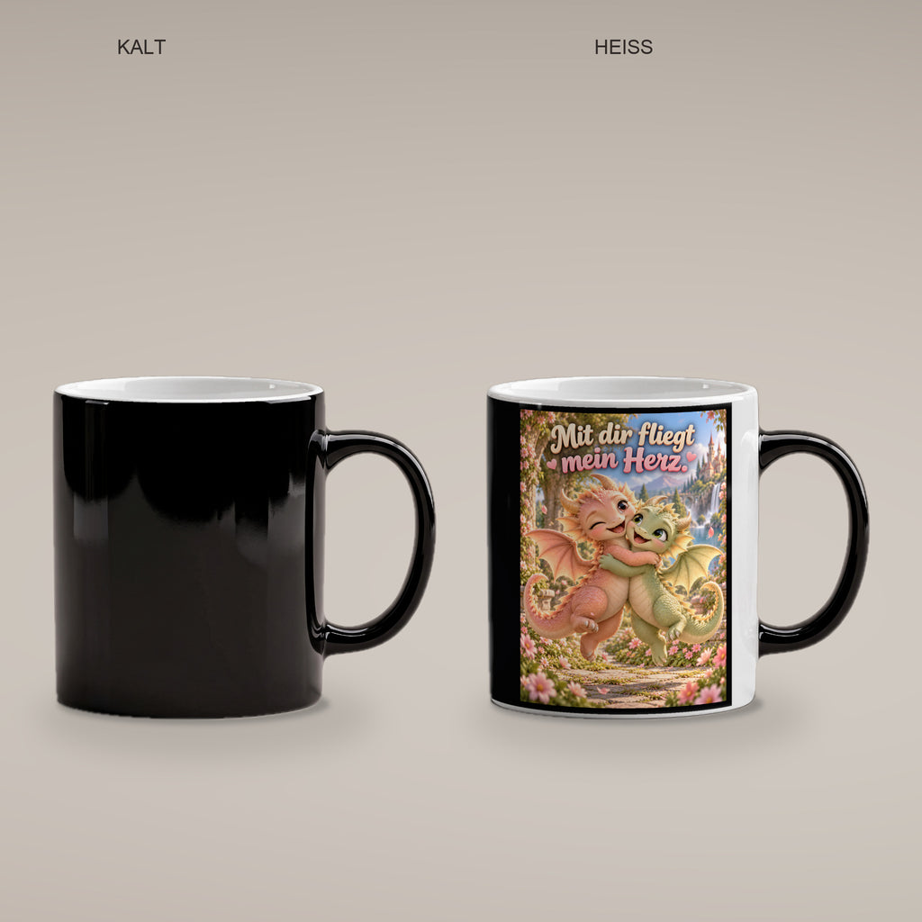 Drachenliebe – Drachen-Tasse. Spruch: Mit dir fliegt mein Herz. Black Edition mit Wärmeeffekt. 4 KALT HEISS.