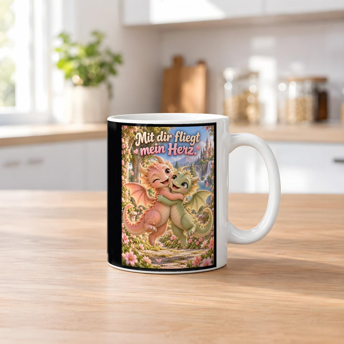 Drachenliebe – Drachen-Tasse. Spruch: Mit dir fliegt mein Herz. Weiß. 2 KUECHE.