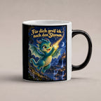 Sternenhüter – Drachen-Tasse. Spruch: Für dich greif ich nach den Sternen. Black Edition mit Wärmeeffekt. 1 STUDIO HEISS.