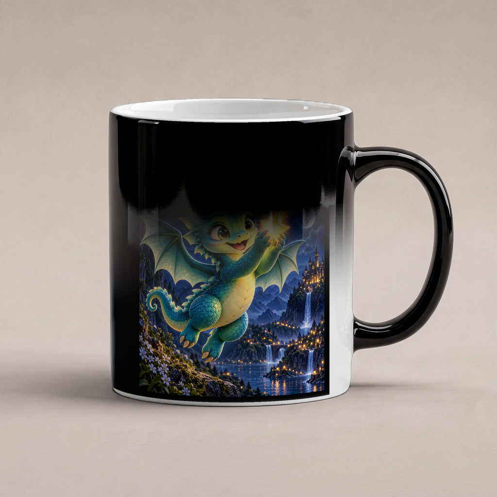 Sternenhüter – Drachen-Tasse. Spruch: Für dich greif ich nach den Sternen. Black Edition mit Wärmeeffekt. 6 WAERMEEFFEKT.