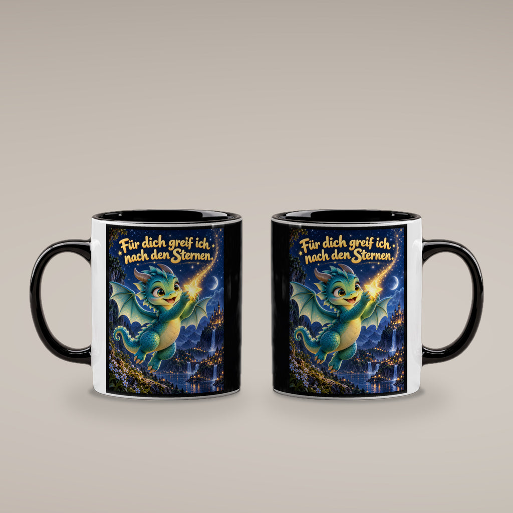 Sternenhüter – Drachen-Tasse. Spruch: Für dich greif ich nach den Sternen. Innen schwarz. 4 BEIDE SEITEN.