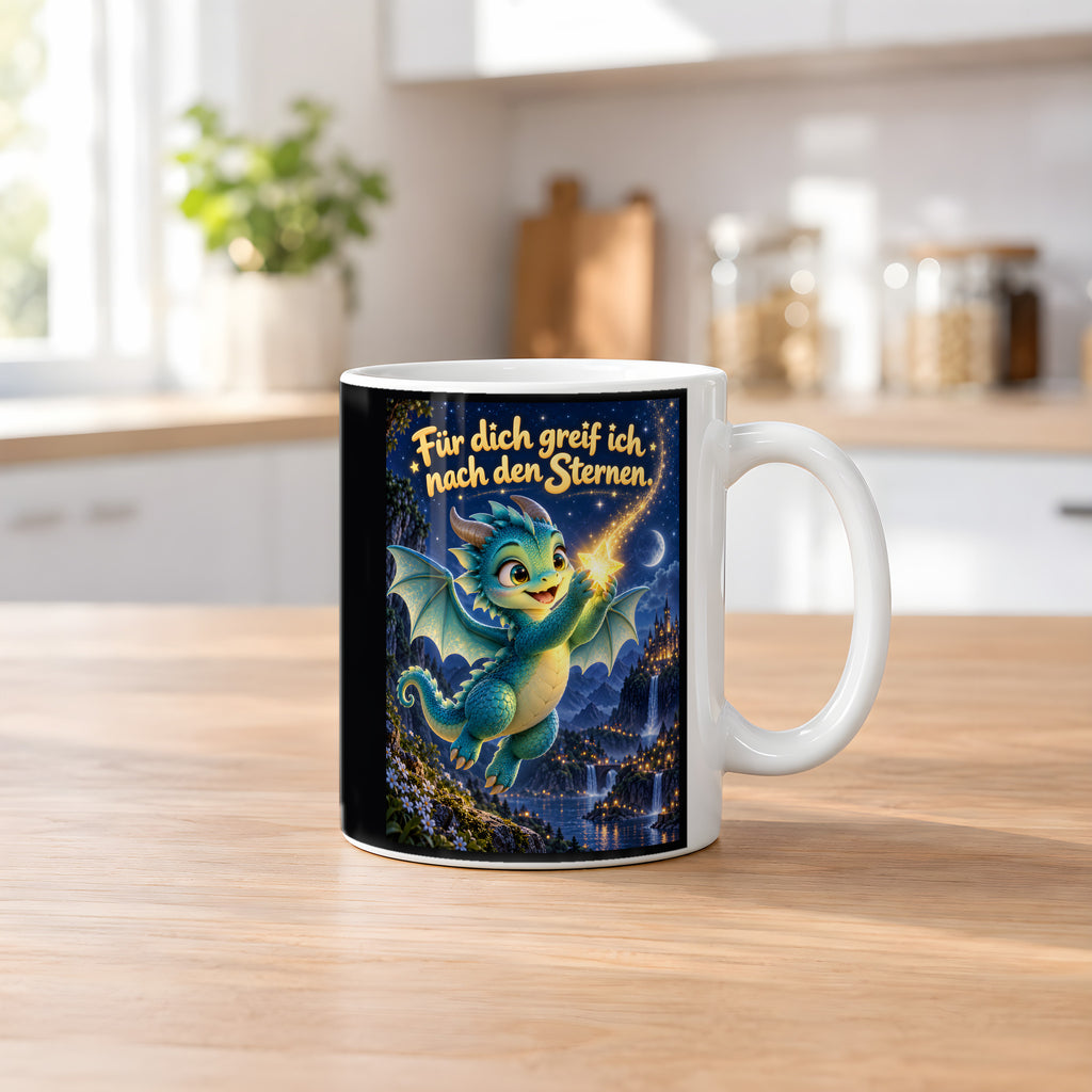 Sternenhüter – Drachen-Tasse. Spruch: Für dich greif ich nach den Sternen. Weiß. 2 KUECHE.