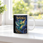 Sternenhüter – Drachen-Tasse. Spruch: Für dich greif ich nach den Sternen. Weiß. 3 FENSTER.