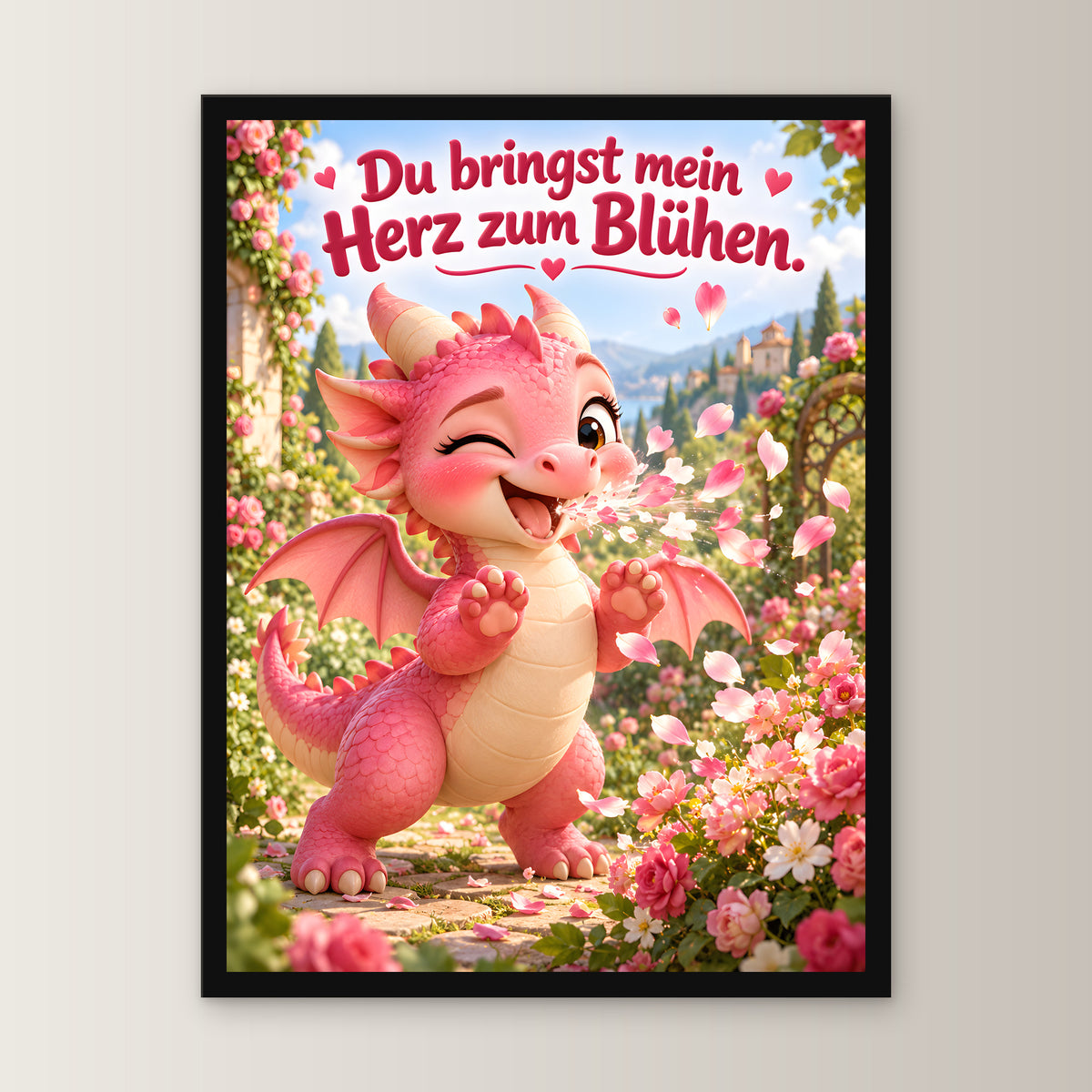 Blütendrache – Drachen-Wandbild mit Rahmen. Spruch: Du bringst mein Herz zum Blühen. 30×40 cm. Schwarzer Holzrahmen ohne Passepartout. 1 FRONTAL