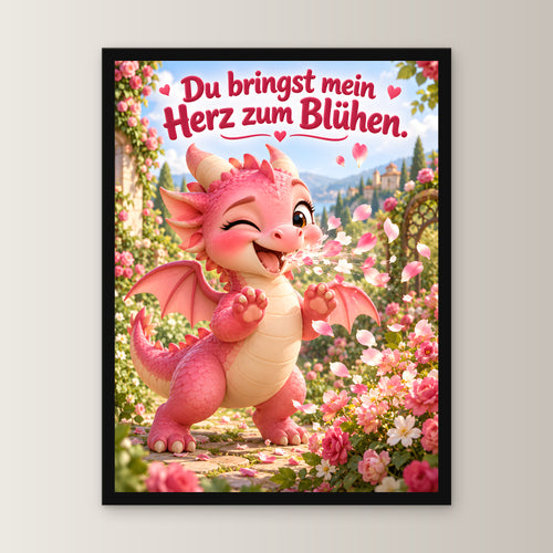 Blütendrache – Drachen-Wandbild mit Rahmen. Spruch: Du bringst mein Herz zum Blühen. 30×40 cm. Schwarzer Holzrahmen ohne Passepartout. 1 FRONTAL