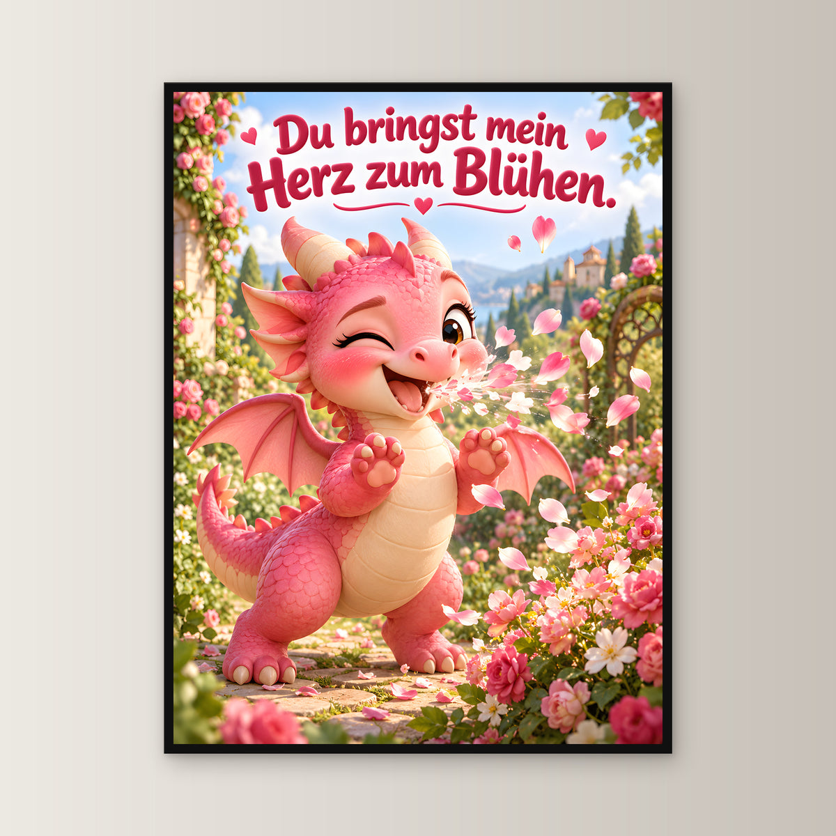 Blütendrache – Drachen-Wandbild mit Rahmen. Spruch: Du bringst mein Herz zum Blühen. 60×80 cm. Schwarzer Holzrahmen ohne Passepartout. 1 FRONTAL