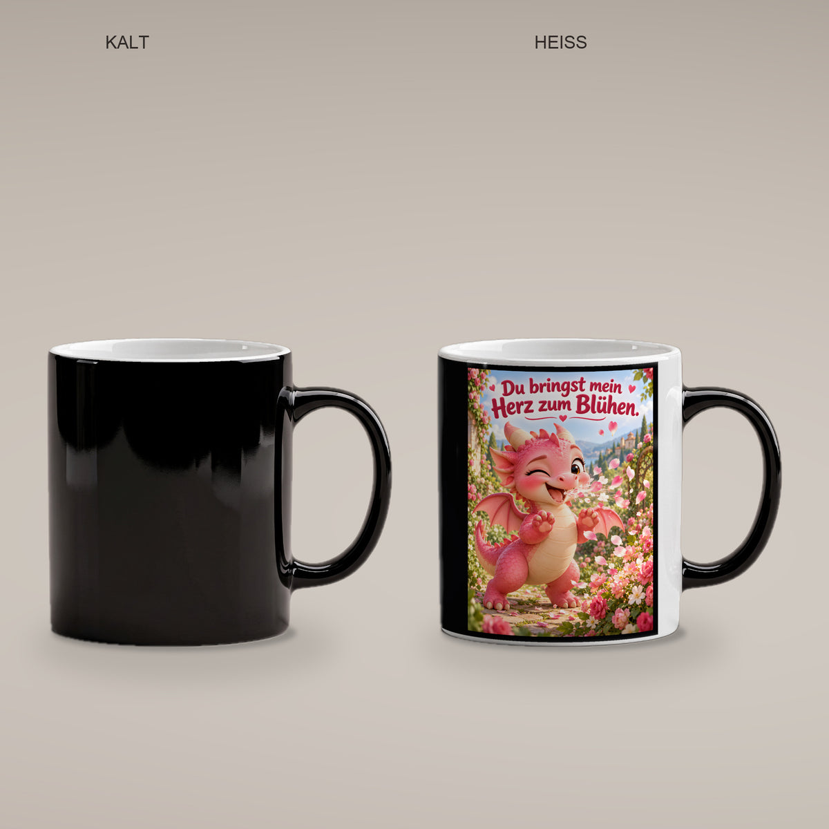 Blütendrache – Drachen-Tasse. Spruch: Du bringst mein Herz zum Blühen. Black Edition mit Wärmeeffekt. 4 KALT HEISS.