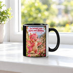 Blütendrache – Drachen-Tasse. Spruch: Du bringst mein Herz zum Blühen. Innen schwarz. 3 FENSTER.