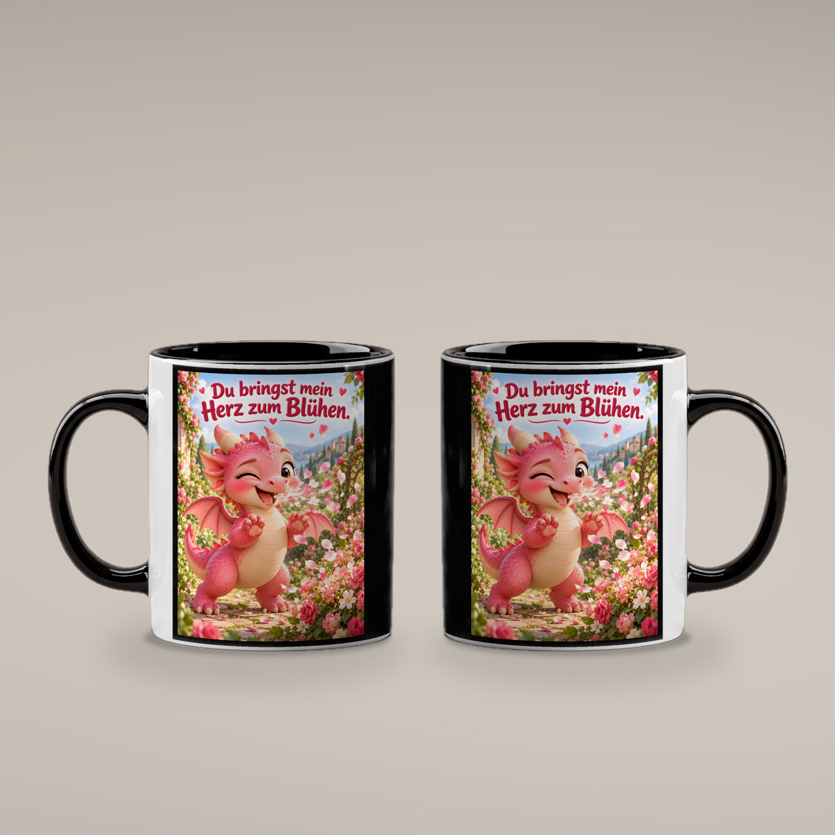 Blütendrache – Drachen-Tasse. Spruch: Du bringst mein Herz zum Blühen. Innen schwarz. 4 BEIDE SEITEN.