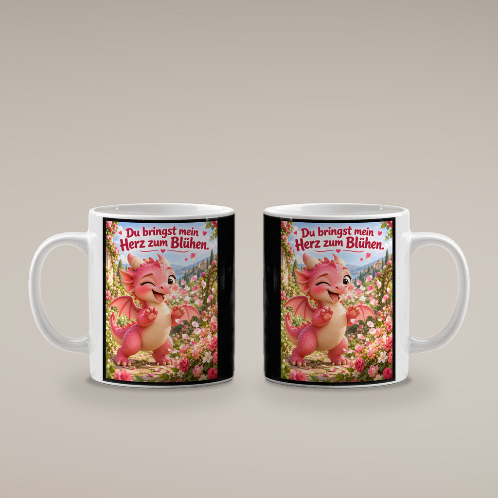 Blütendrache – Drachen-Tasse. Spruch: Du bringst mein Herz zum Blühen. Weiß. 4 BEIDE SEITEN.