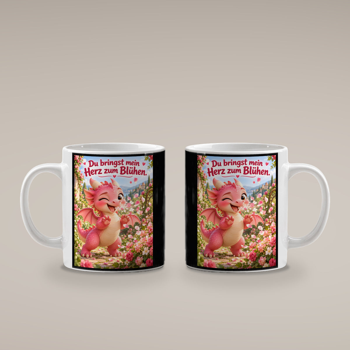 Blütendrache – Drachen-Tasse. Spruch: Du bringst mein Herz zum Blühen. Weiß. 4 BEIDE SEITEN.