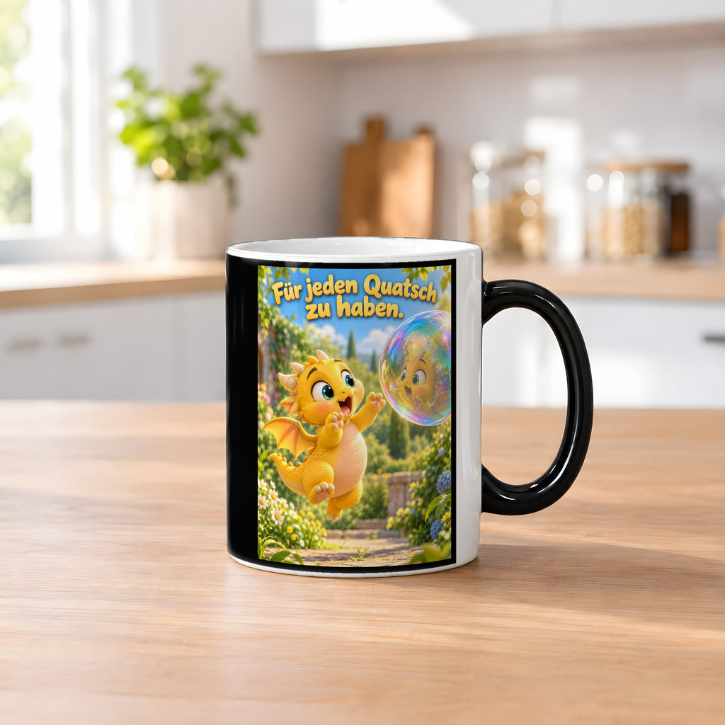 Seifenblasendrache – Drachen-Tasse. Spruch: Für jeden Quatsch zu haben. Black Edition mit Wärmeeffekt. 2 KUECHE HEISS.
