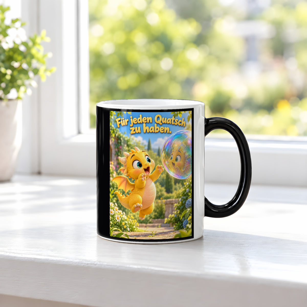 Seifenblasendrache – Drachen-Tasse. Spruch: Für jeden Quatsch zu haben. Black Edition mit Wärmeeffekt. 3 FENSTER HEISS.