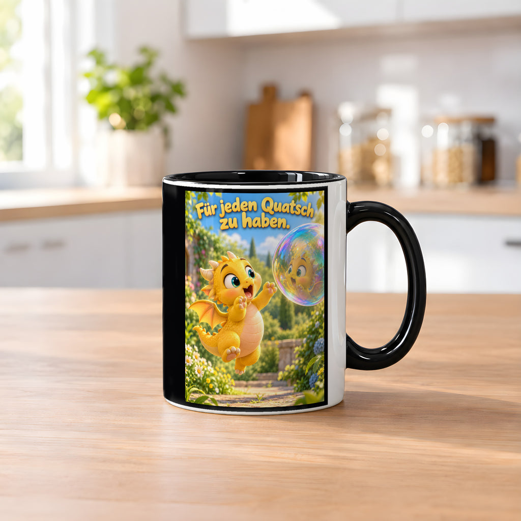 Seifenblasendrache – Drachen-Tasse. Spruch: Für jeden Quatsch zu haben. Innen schwarz. 2 KUECHE.