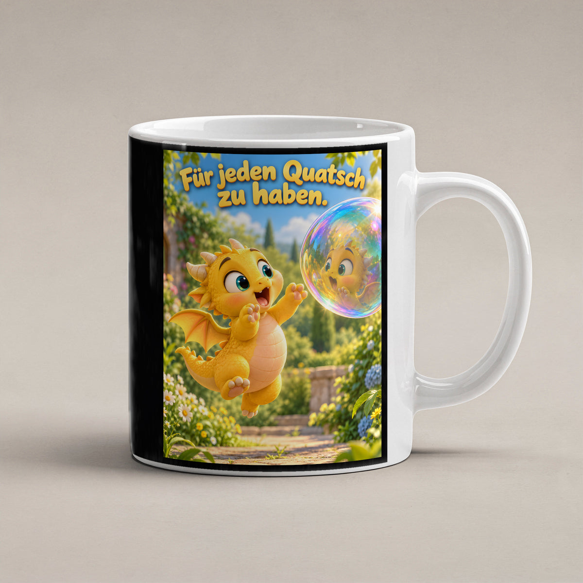 Seifenblasendrache – Drachen-Tasse. Spruch: Für jeden Quatsch zu haben. Weiß. 1 STUDIO.