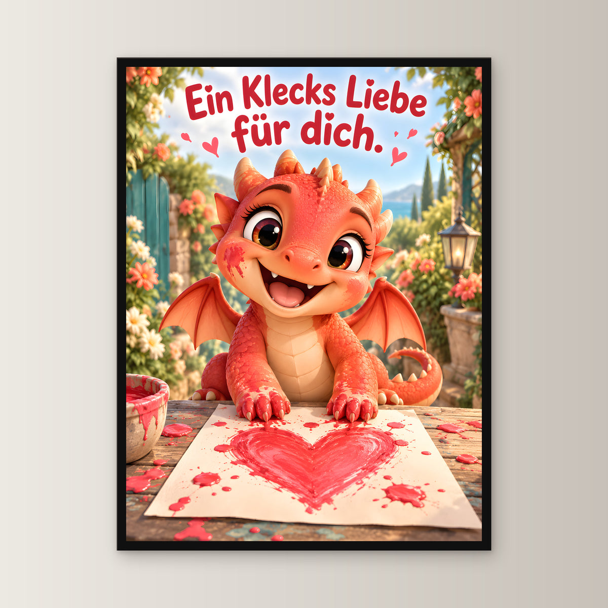 Maldrache – Drachen-Wandbild mit Rahmen. Spruch: Ein Klecks Liebe für dich. 45×60 cm. Schwarzer Holzrahmen ohne Passepartout. 1 FRONTAL