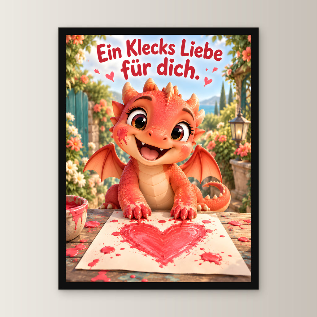 Maldrache – Drachen-Wandbild mit Rahmen. Spruch: Ein Klecks Liebe für dich. 30×40 cm. Schwarzer Holzrahmen ohne Passepartout. 1 FRONTAL
